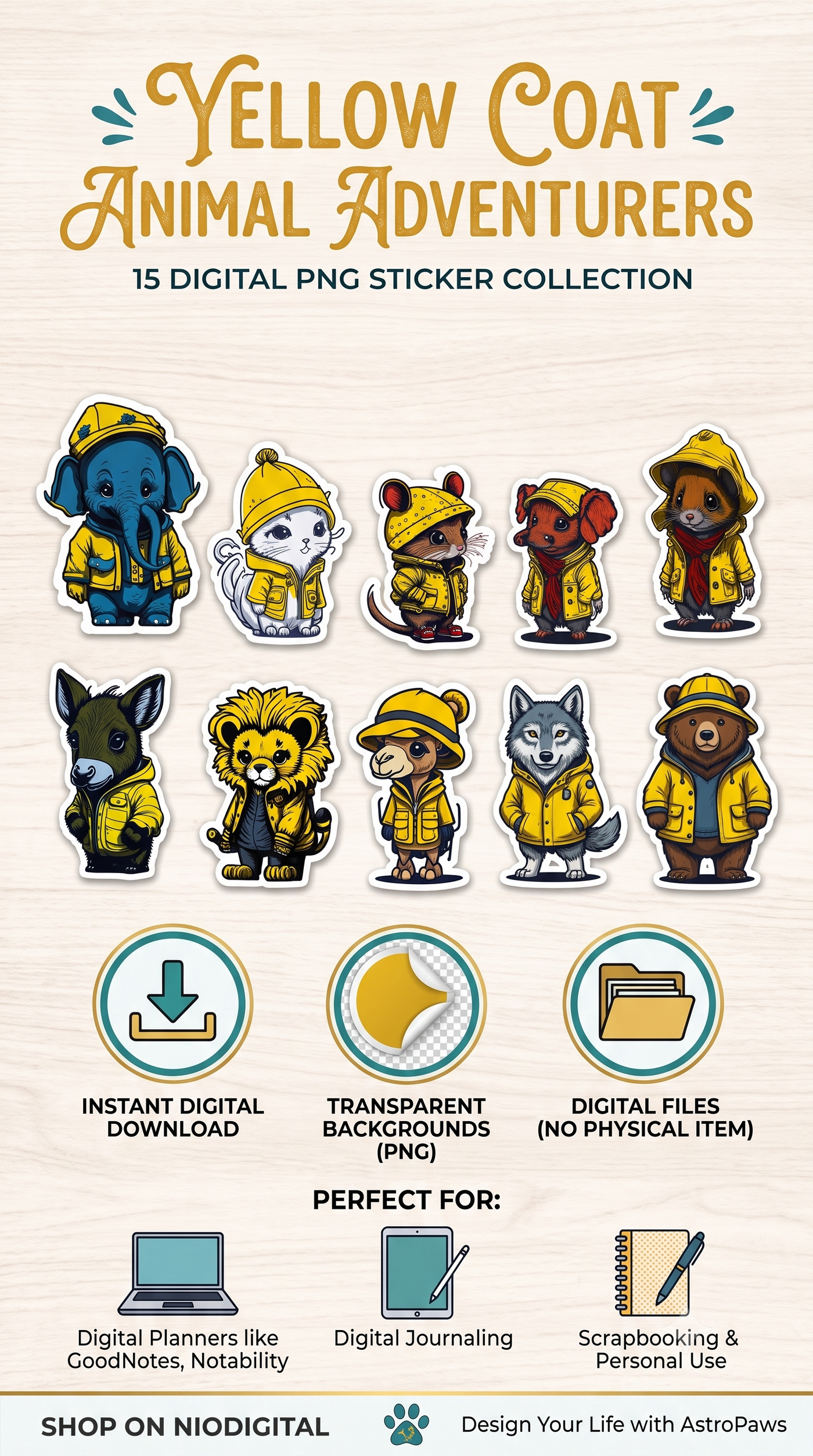 Cosmic Creatures Digital Sticker Pack - 15 Premium Space Animal Stickers - PNG Download for GoodNotes Notion Procreate
