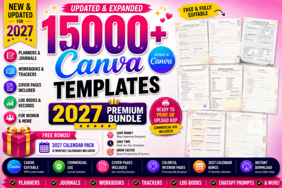 15000+ Canva Templates Bundle, 2027 KDP Planner Journal Templates, Editable Printable PDF, Commercial Use Digital Download