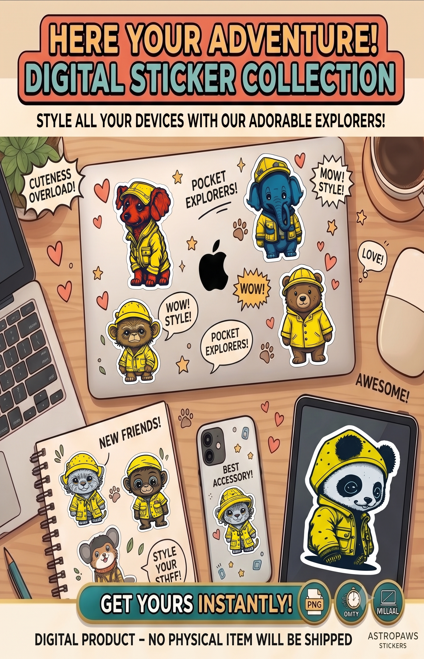 Cosmic Creatures Digital Sticker Pack - 15 Premium Space Animal Stickers - PNG Download for GoodNotes Notion Procreate