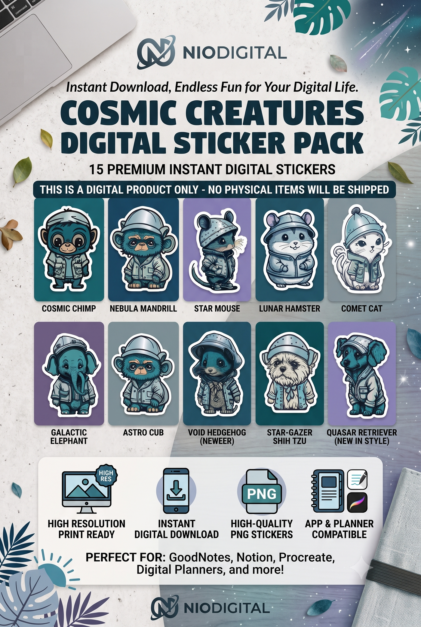 Cosmic Creatures Digital Sticker Pack - 15 Premium Space Animal Stickers - PNG Download for GoodNotes Notion Procreate