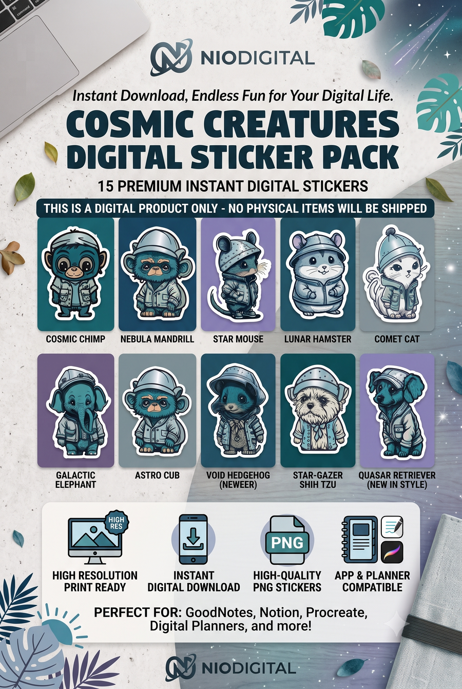 Cosmic Creatures Digital Sticker Pack - 15 Premium Space Animal Stickers - PNG Download for GoodNotes Notion Procreate