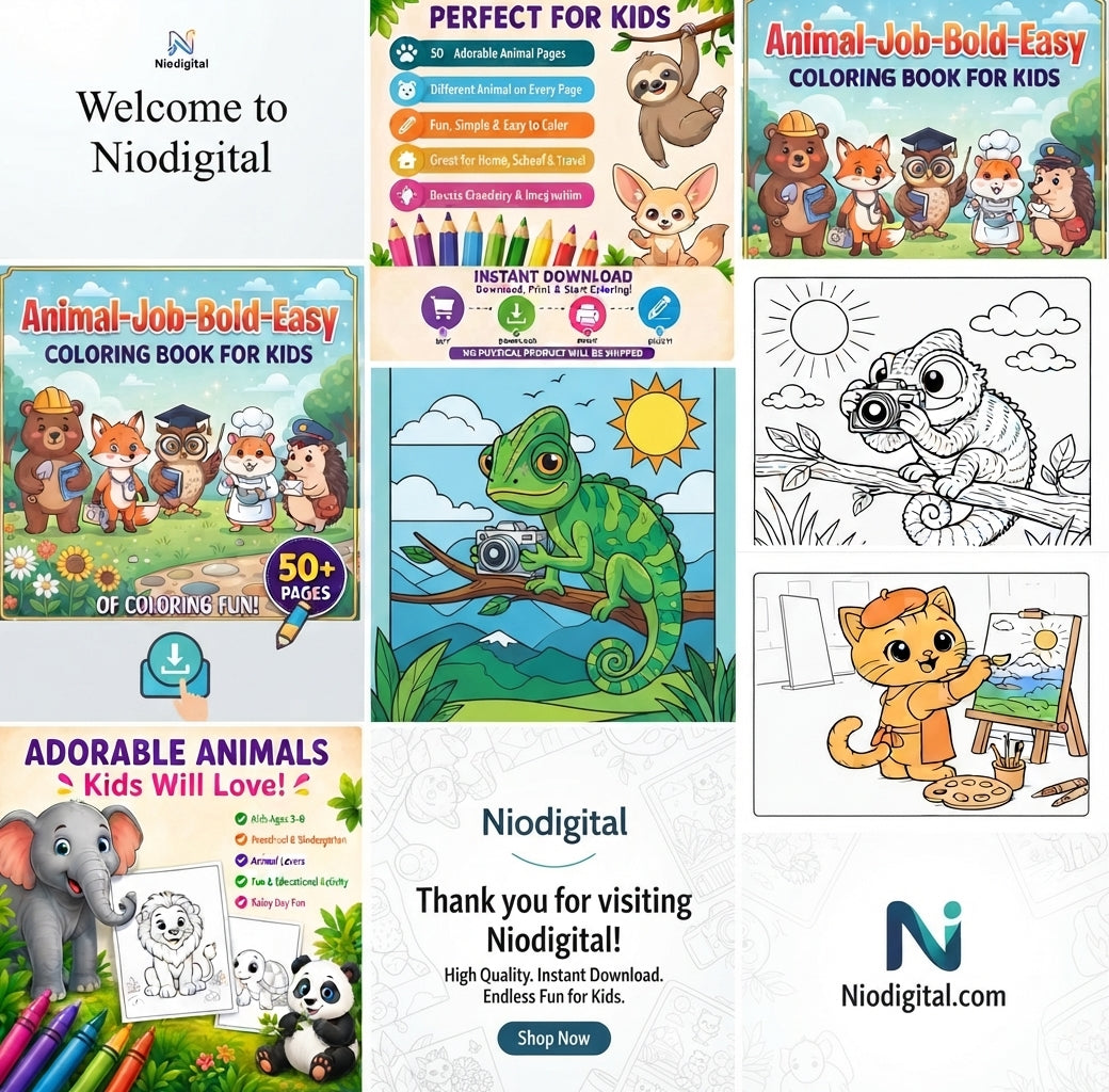 Animal Jobs Coloring Book - Bold and Easy Animal Characters - Printable PDF for Kids Toddlers Preschool